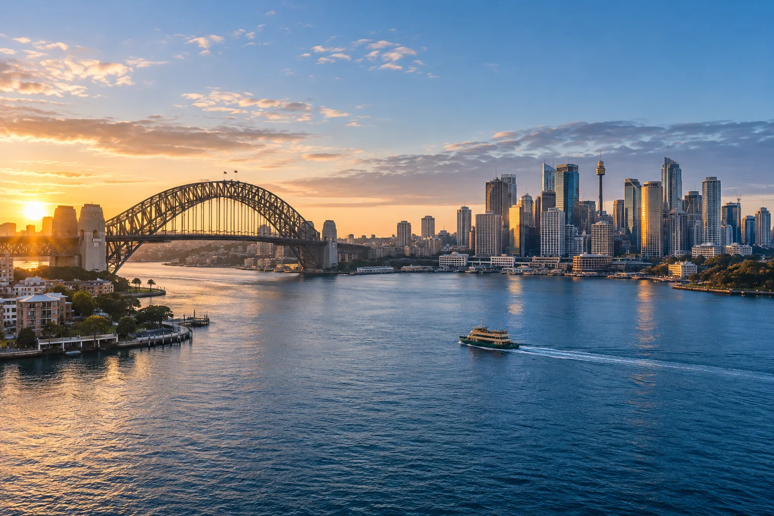 Partners Illustrative Sydney Harbour and business district at sunrise