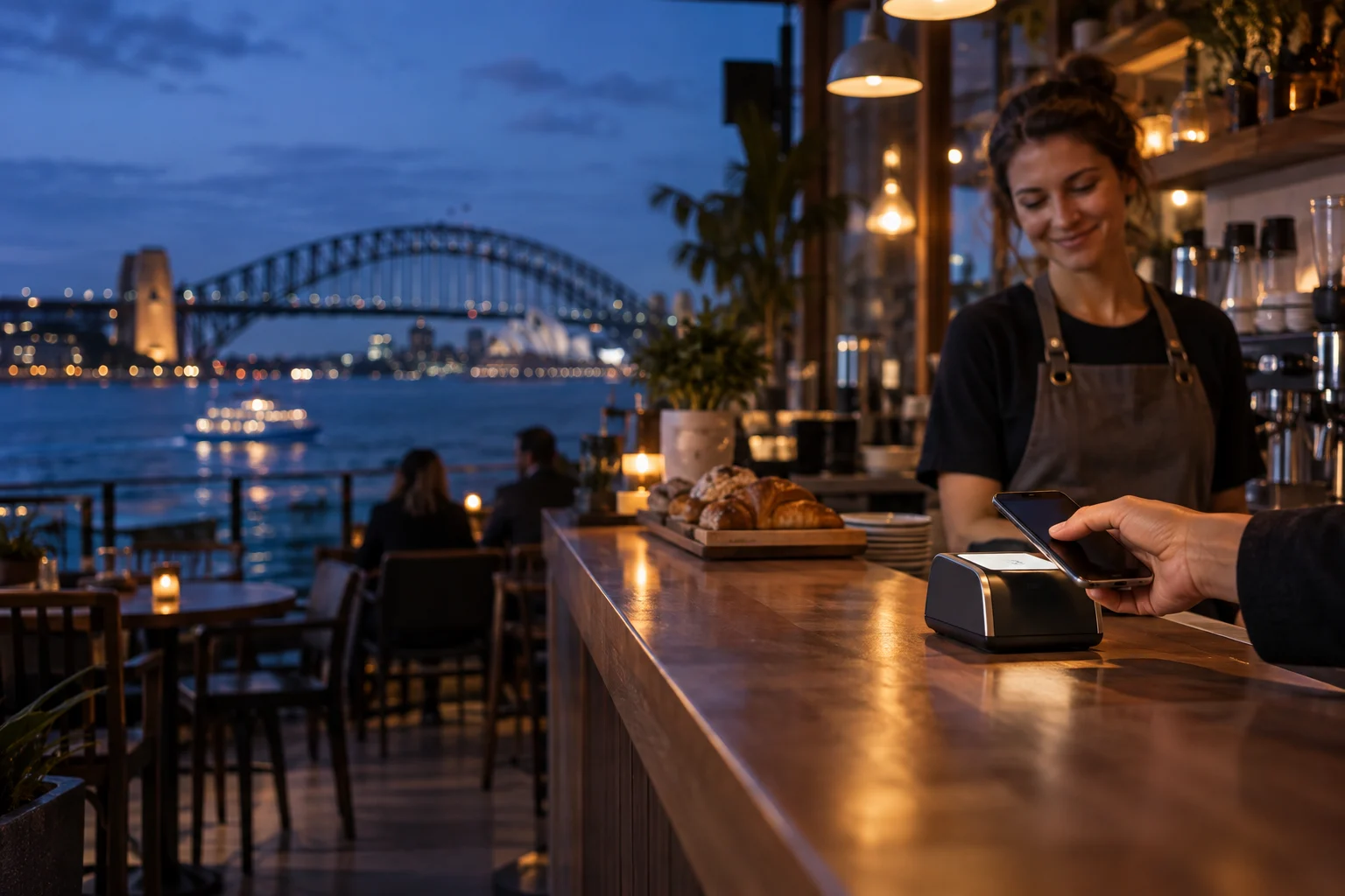 Illustrative Australian waterfront café scene showing a customer tapping a mobile phone at a payment reader